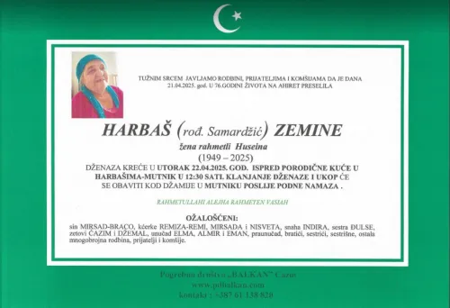 Na ahiret preselila Harba&scaron; (rođ. Samardžić) Zemine 