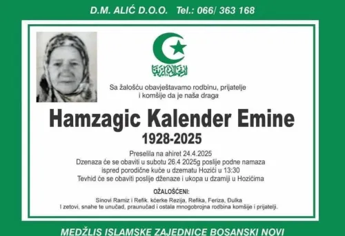 Na ahiret preselila Hamzagić Kalender Emine